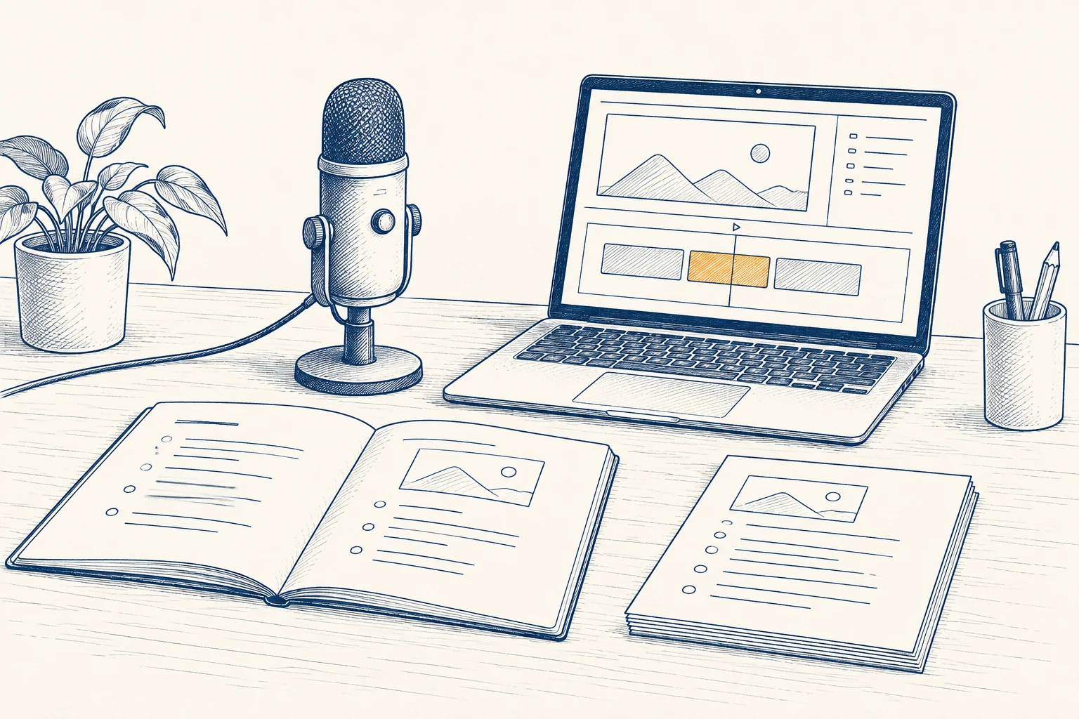 A microphone and laptop with a video timeline sit beside a lesson outline and practice sheets
