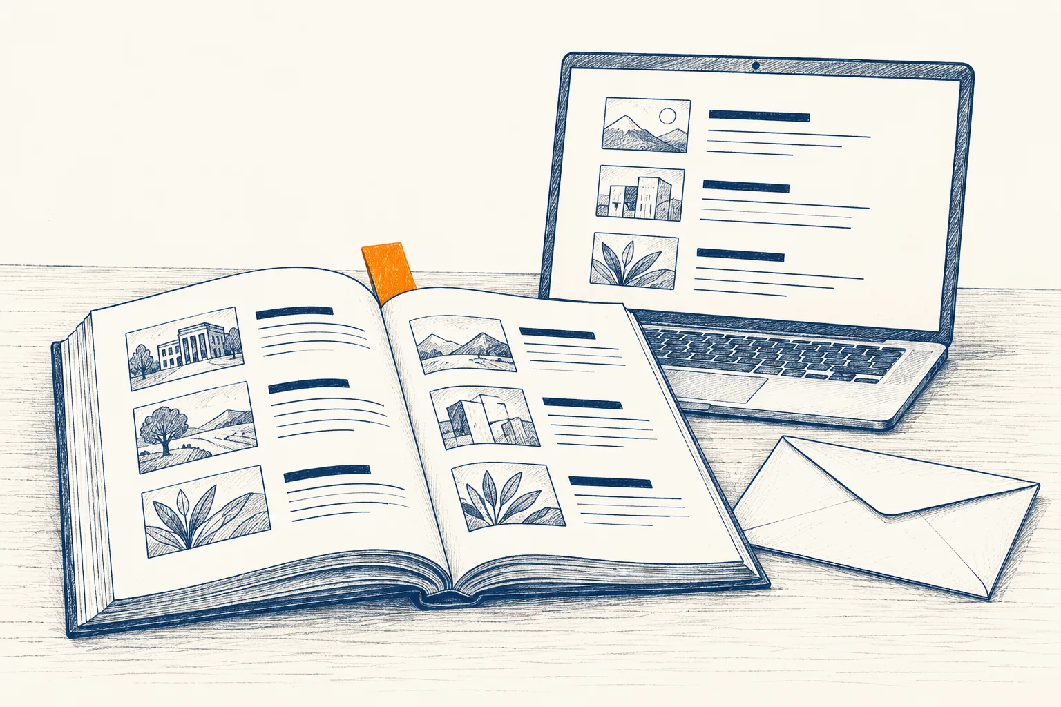 An open course catalog and envelope sit beside a laptop showing abstract course listings