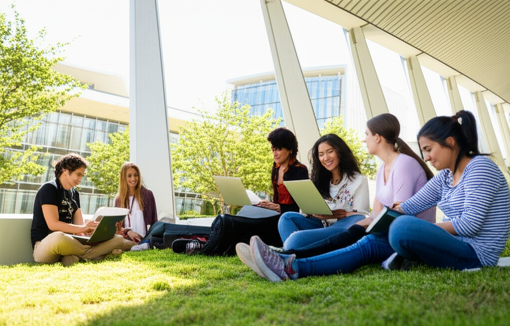 Students collaborating in a modern university library